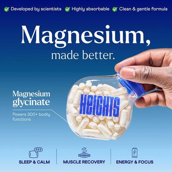 A high-clarity 1:1 square ad showcasing a magnesium glycinate supplement bottle with clear icons detailing sleep, muscle, and energy benefits.